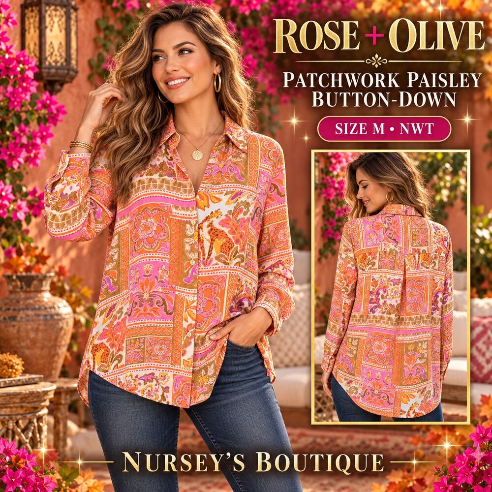 Rose + Olive NWT Patchwork Paisley Button Down Blouse Orange Pink M